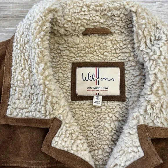 Wilsons Leather Jacket Mens Size XL Vintage USA Suede Sherpa Brown 4 Button - Picture 2 of 7